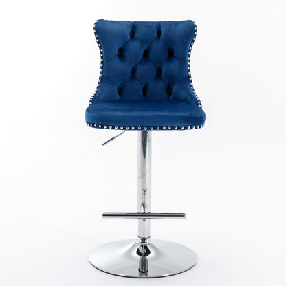 Taburetes giratorios de terciopelo con altura de asiento ajustable de 63 a 84 cm. Modernos taburetes de bar con base cromada y tapizados, cómodos y capitoné para el hogar, el pub y la isla de cocina (juego de 2).