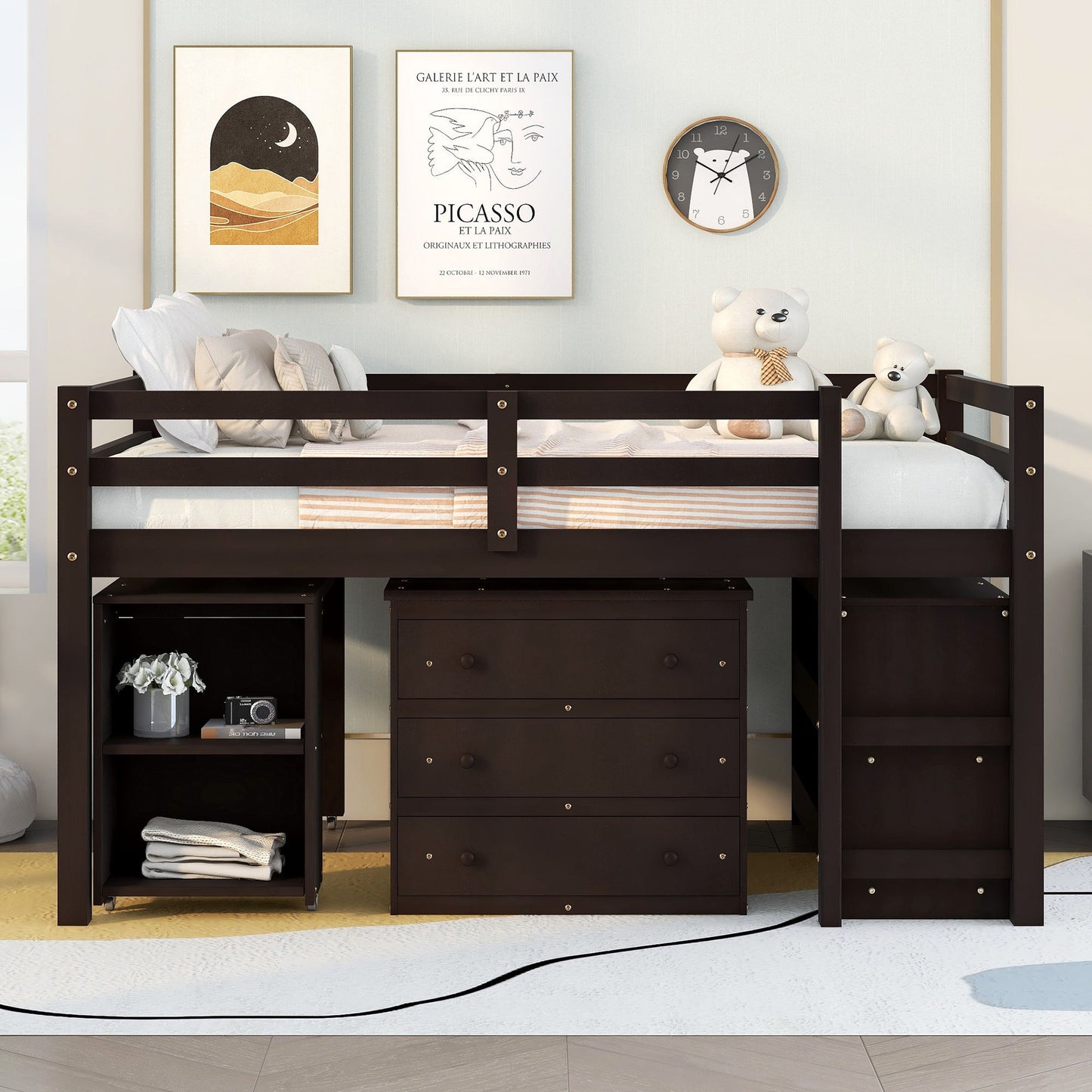 Loft Low Study Bed With Cabinet, Shelves And Rolling Portable Desk, Multiple Functions