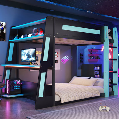 Gaming Bunk Bed With Desk, 2 Storage Shelves, USB And LED Light