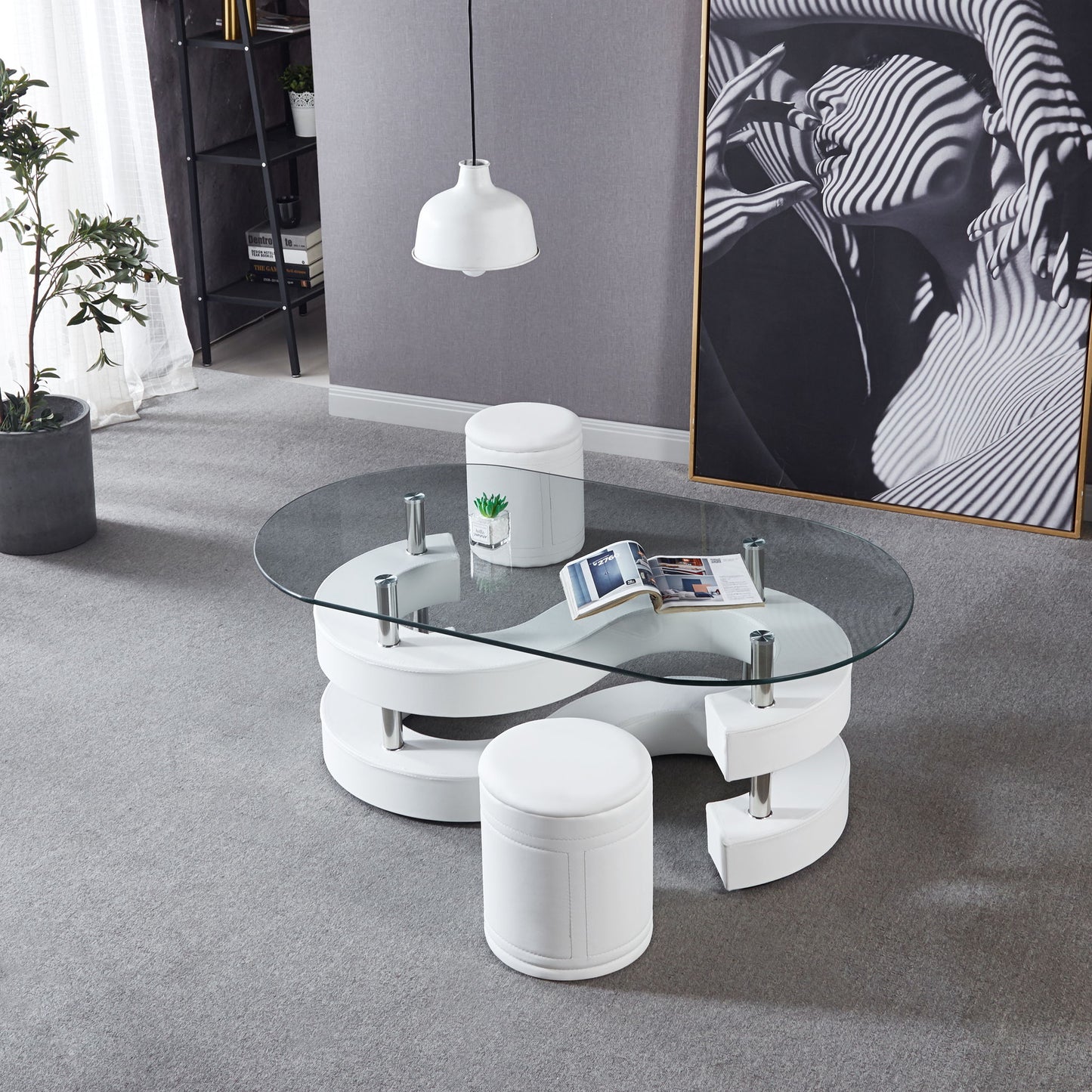 3 Pieces Coffee Table Set, Oval 10 Mm / Thick Tempered Glass Table And 2 Stools - White