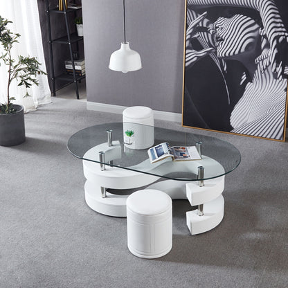 3 Pieces Coffee Table Set, Oval 10 Mm / Thick Tempered Glass Table And 2 Stools - White