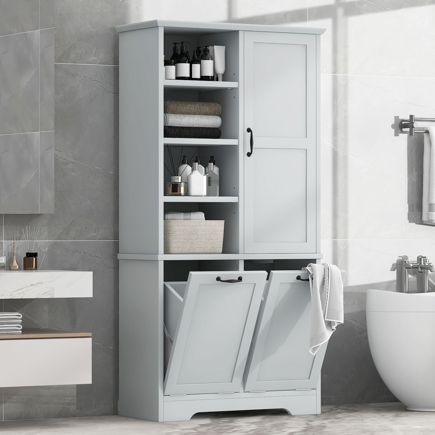Bathroom Storage Cabinet With Doors And Drawers, Tilt Out Laundry Hamper, Multiple Storage Space, Freestanding Style, Open Shelve, Adjustable Shelf - Gray