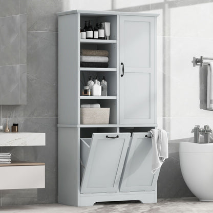 Bathroom Storage Cabinet With Doors And Drawers, Tilt Out Laundry Hamper, Multiple Storage Space, Freestanding Style, Open Shelve, Adjustable Shelf - Gray