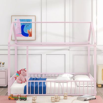 Cama de metal con estructura de cama y valla