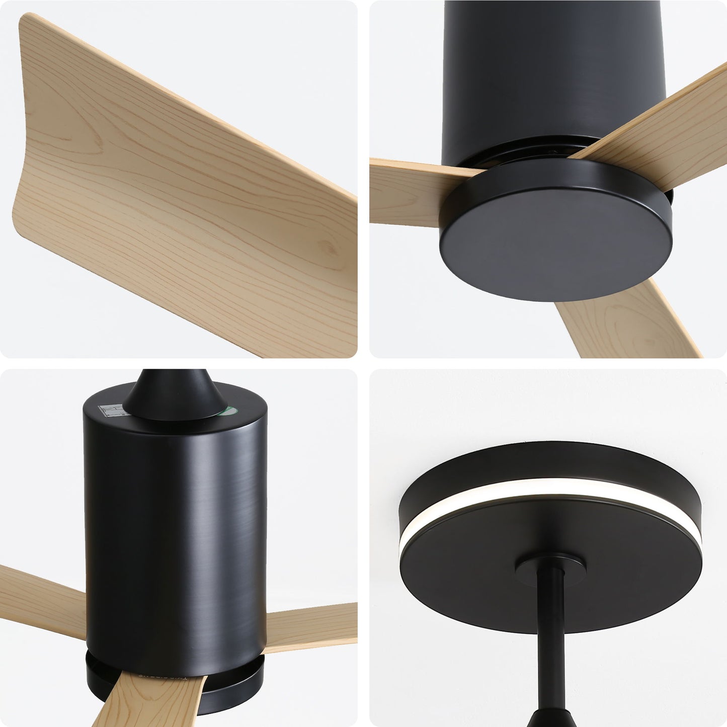 Ventilador de techo moderno empotrado con luz LED y control remoto, 3 aspas de ABS, motor de CC reversible y silencioso para patio y sala de estar, negro mate.