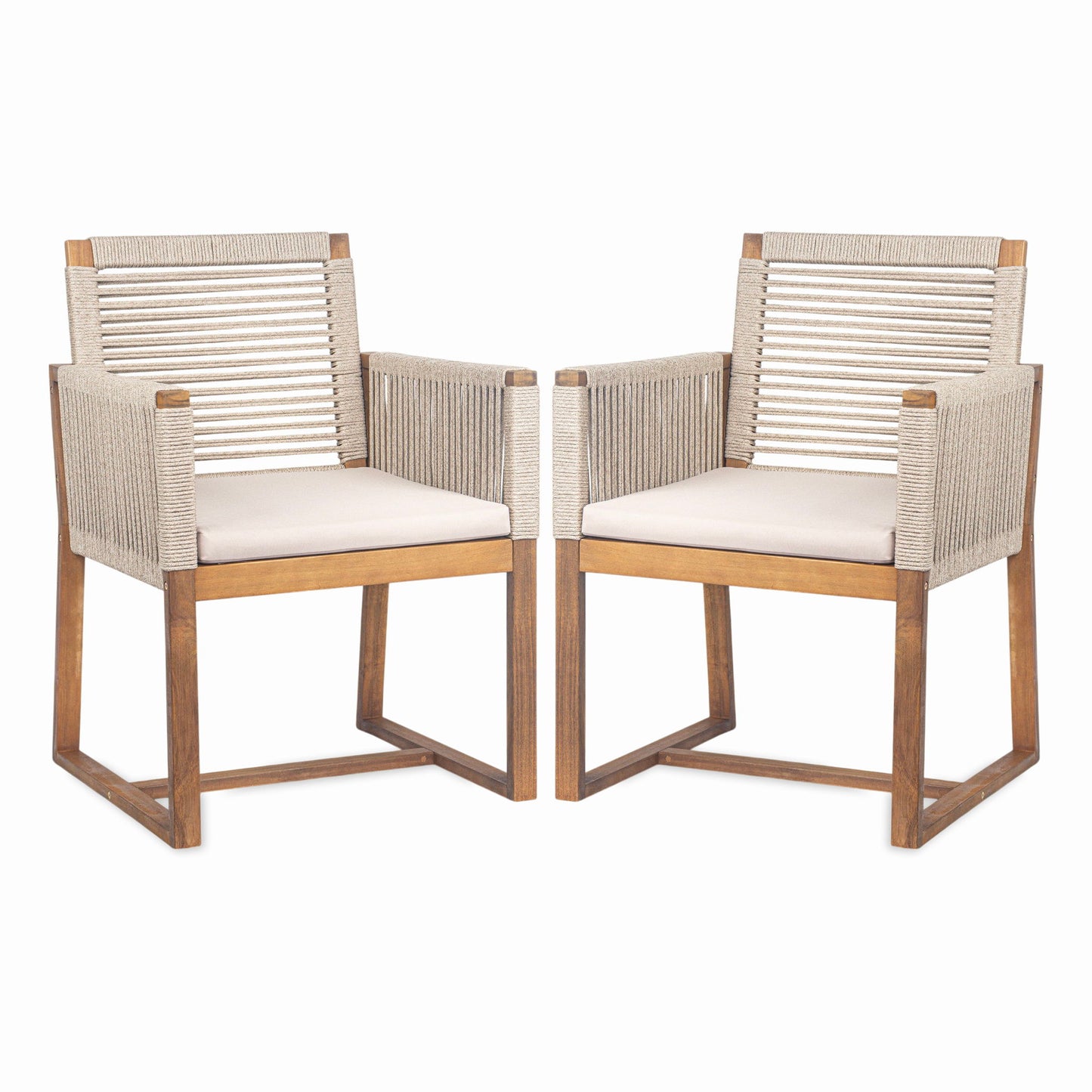Acacia Wood Outdoor Dining Chairs (Set of 2) With Rope Design Back And Arms, Washable Cushion - Light Brown