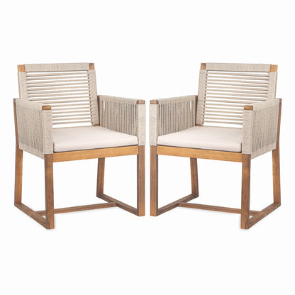 Acacia Wood Outdoor Dining Chairs (Set of 2) With Rope Design Back And Arms, Washable Cushion - Light Brown