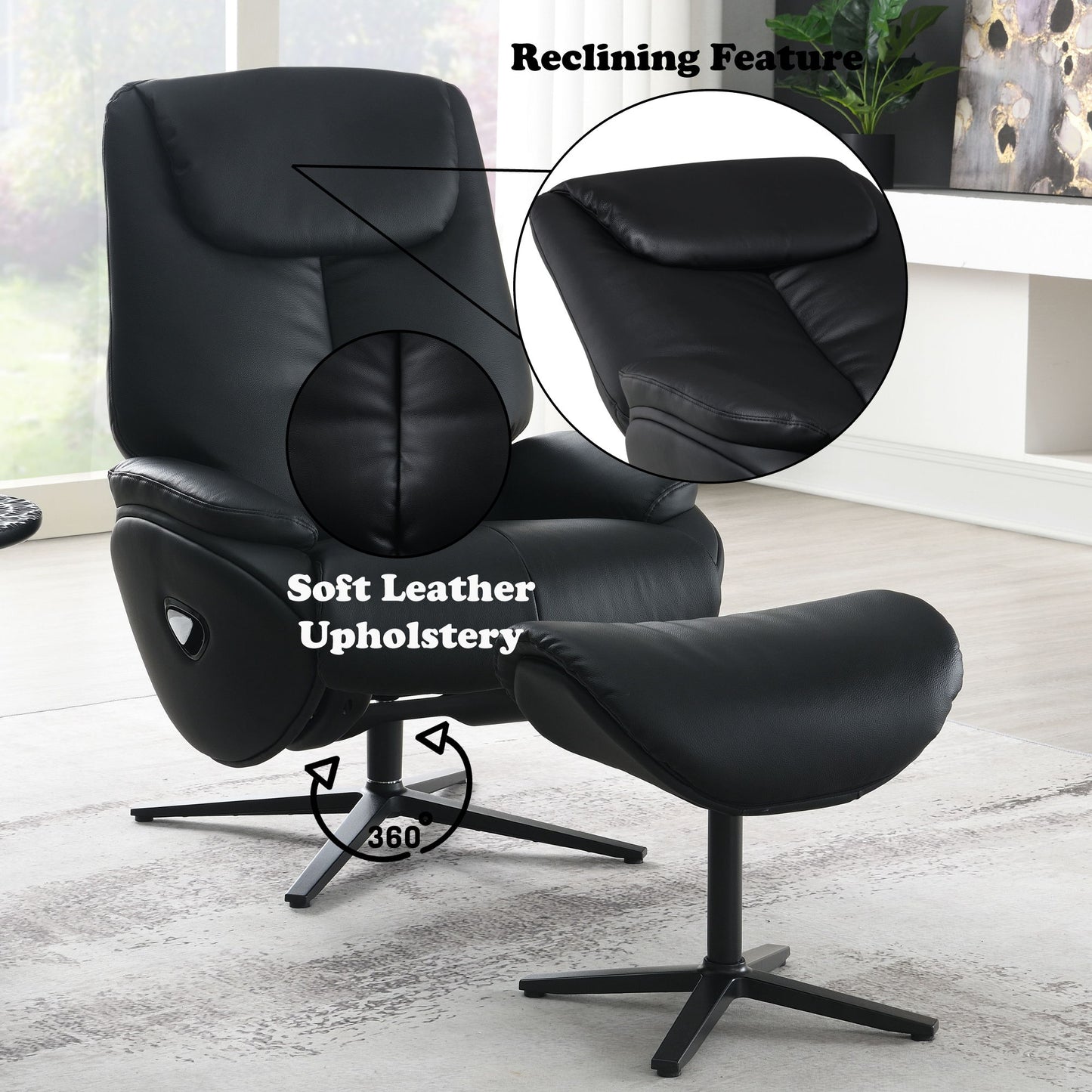 Labotina - Silla decorativa de cuero de grano superior con asiento giratorio y otomana - Negro
