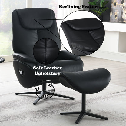 Labotina - Silla decorativa de cuero de grano superior con asiento giratorio y otomana - Negro
