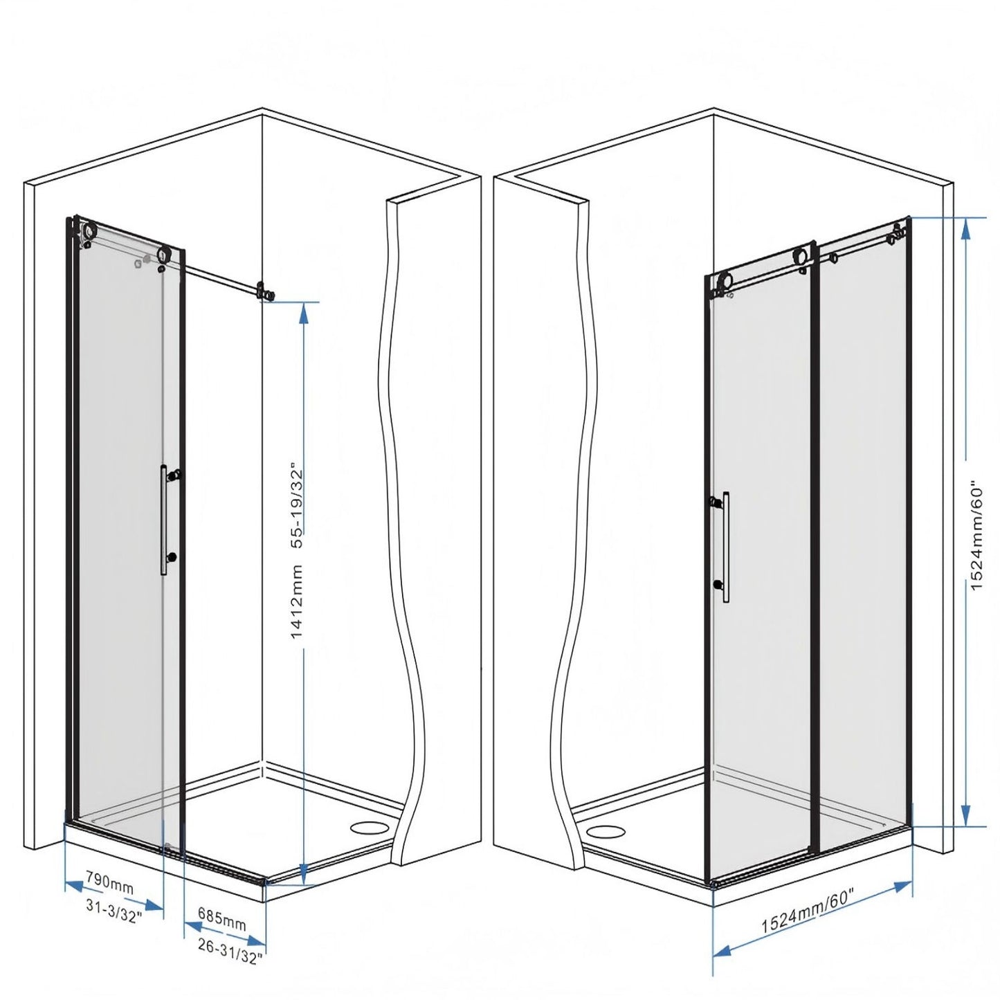 Frameless Shower Door, Smooth Sliding Tracks