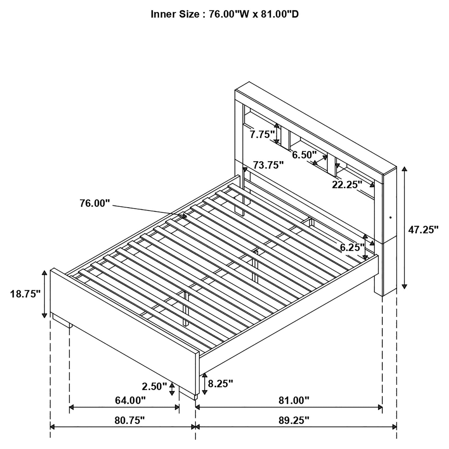 Copper - Eastern King LED Storage Bookcase Bed With Built In Shelves - Cappuccino