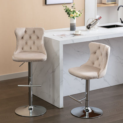 Taburetes giratorios de terciopelo con altura de asiento ajustable de 63 a 84 cm. Modernos taburetes de bar con base cromada y tapizados, cómodos y capitoné para el hogar, el pub y la isla de cocina (juego de 2).