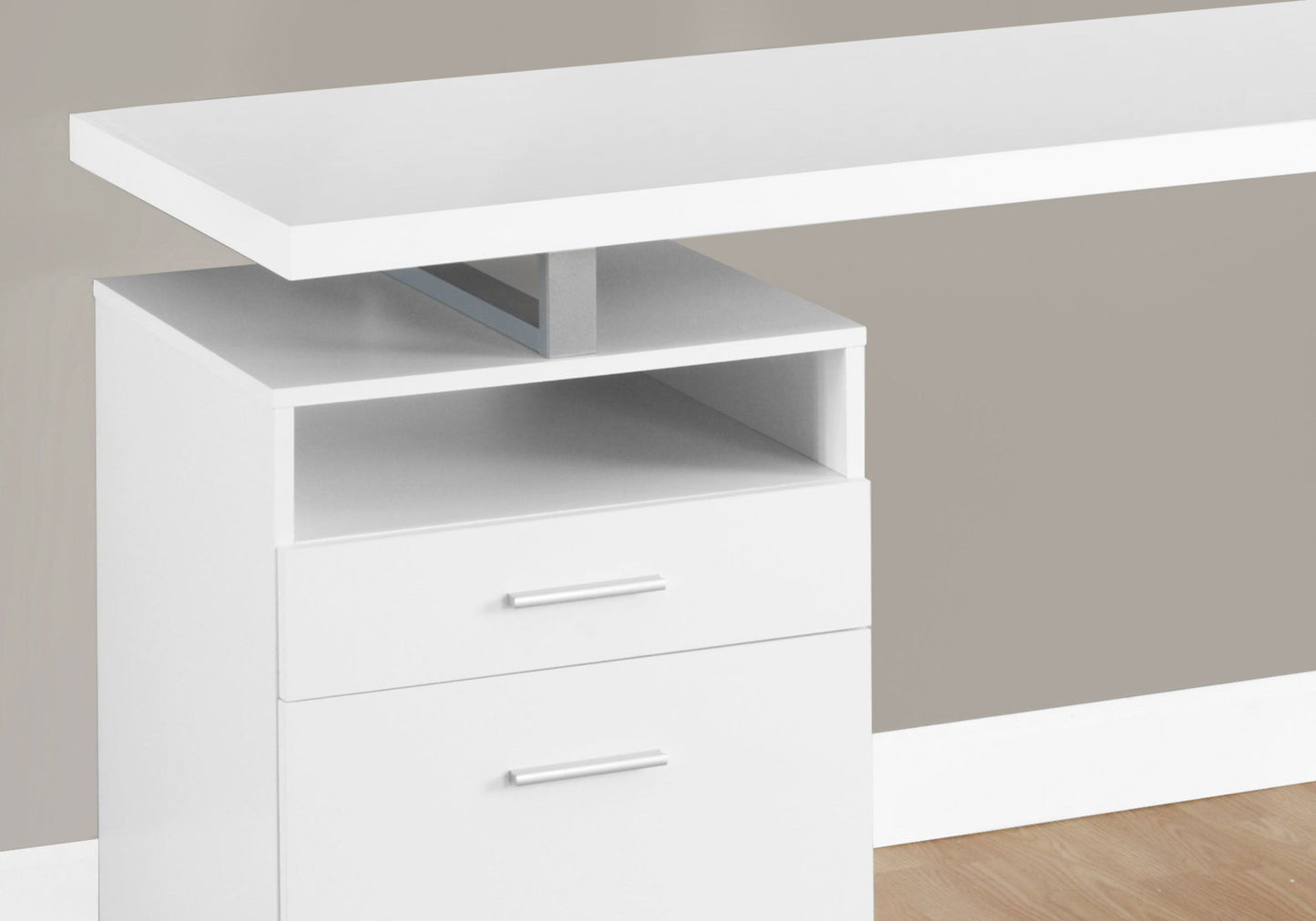 Escritorio para computadora de oficina en casa, portátil, configuración izquierda-derecha, cajones de almacenamiento, contemporáneo y moderno.