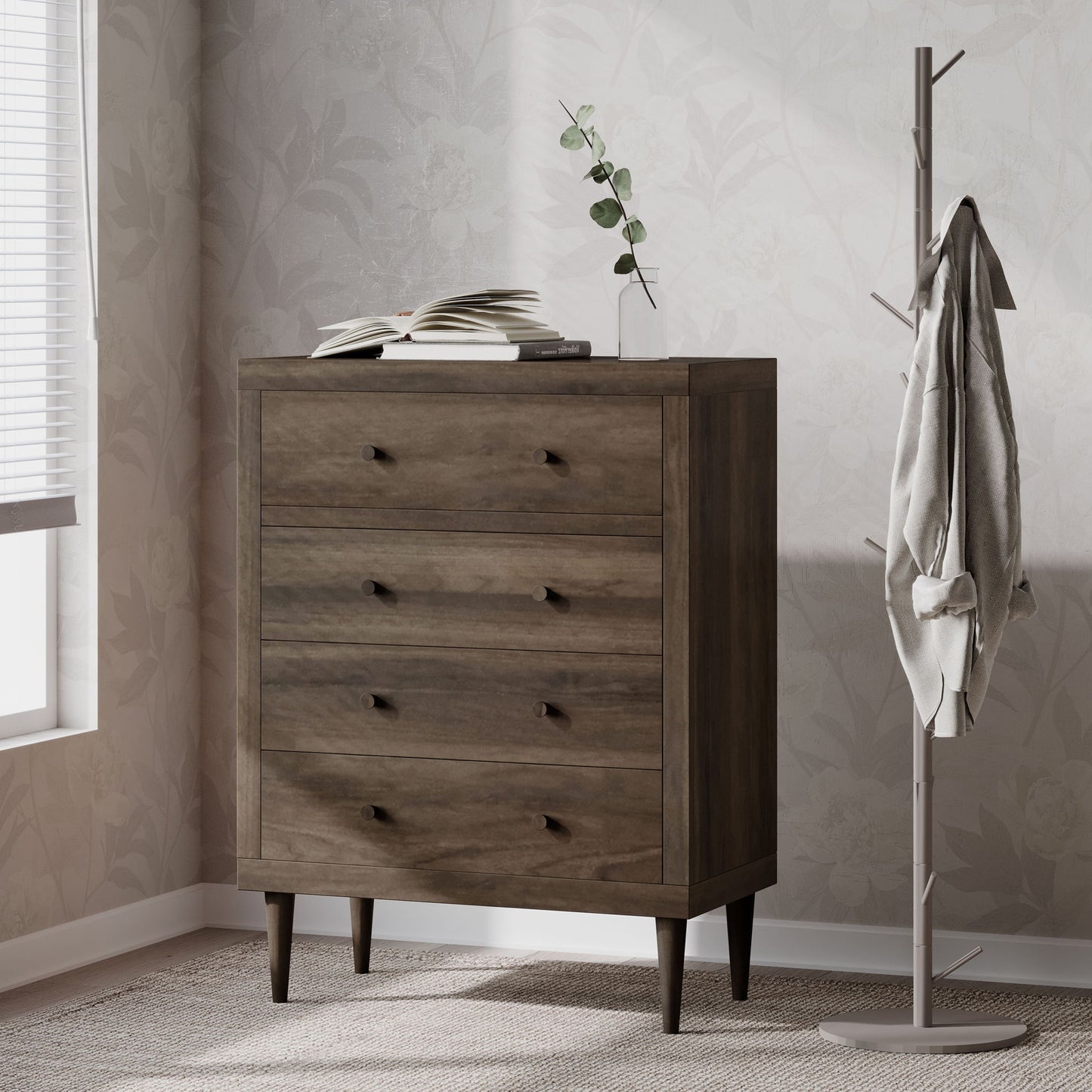 Farhart - Mid Century Modern 4 Drawer Dresser - Walnut