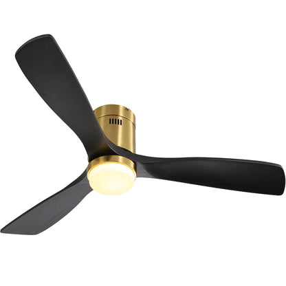 Ventilador de techo empotrado con 3 aspas de madera maciza, control remoto, motor de CC reversible para sala de estar - Dorado