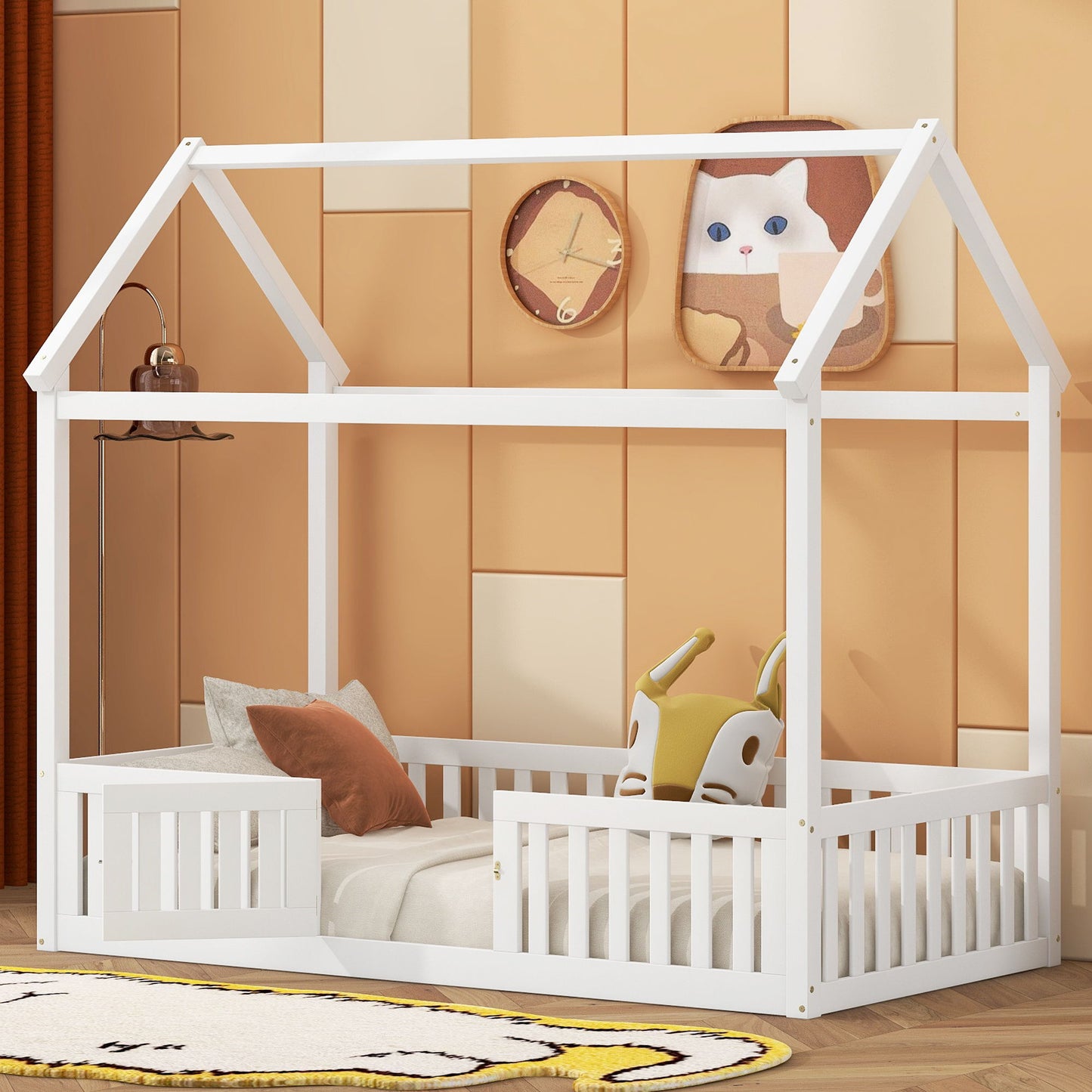 Wood House Bed With Fence And Door