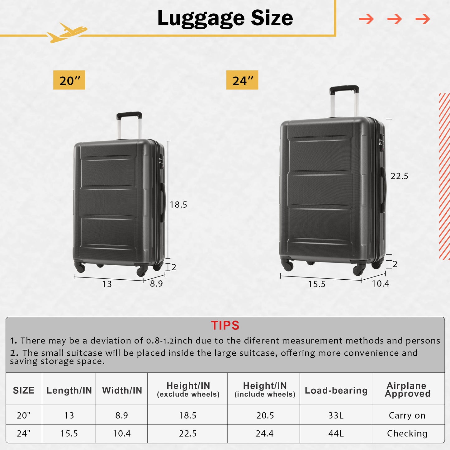 Juego de 2 maletas con ruedas giratorias extensibles, maleta ligera de ABS con cerradura TSA de 20"/24"
