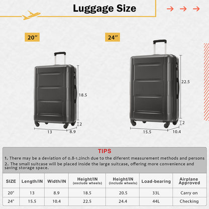 Juego de 2 maletas con ruedas giratorias extensibles, maleta ligera de ABS con cerradura TSA de 20"/24"