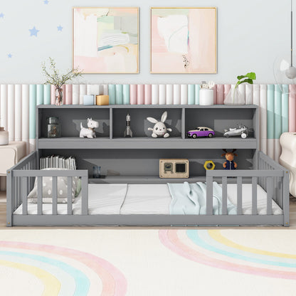 Cama de suelo con estantería, estantes y barandillas