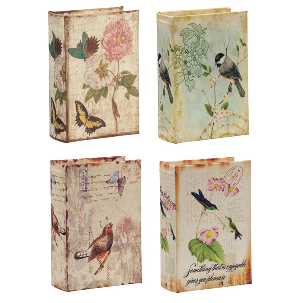 Cajas de libros con diseño de pájaros, flores y escritura a mano (juego de 4) - Multicolor