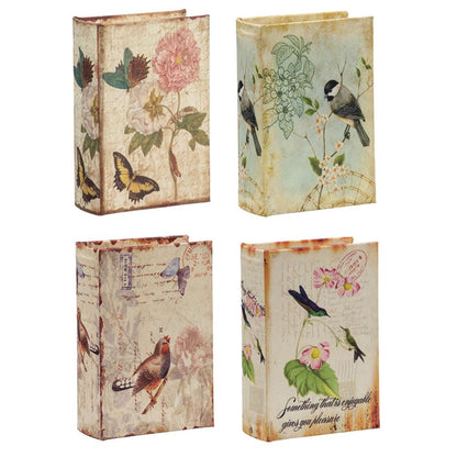 Cajas de libros con diseño de pájaros, flores y escritura a mano (juego de 4) - Multicolor
