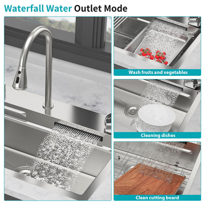 Drop In Waterfall Kitchen Sink With Pull Out Faucet & Cup Washer