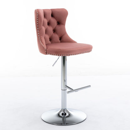 Taburetes giratorios de terciopelo con altura de asiento ajustable de 63 a 84 cm. Modernos taburetes de bar con base cromada y tapizados, cómodos y capitoné para el hogar, el pub y la isla de cocina (juego de 2).
