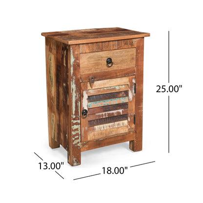 Recycled Wood Side Table With Drawer And Door - Natural