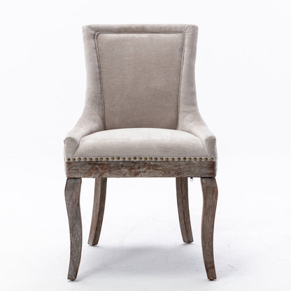 Silla de comedor Ultra Side, de tela gruesa, con patas de madera maciza en tonos neutros y tachuelas de bronce (juego de 2)
