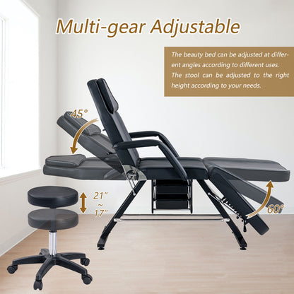 Sillón de masajes para tatuajes de 183 cm con dos bandejas, camilla de esteticista con taburete hidráulico, mesa facial multiusos de 3 secciones, equipo de belleza ajustable para barbería, spa y belleza.