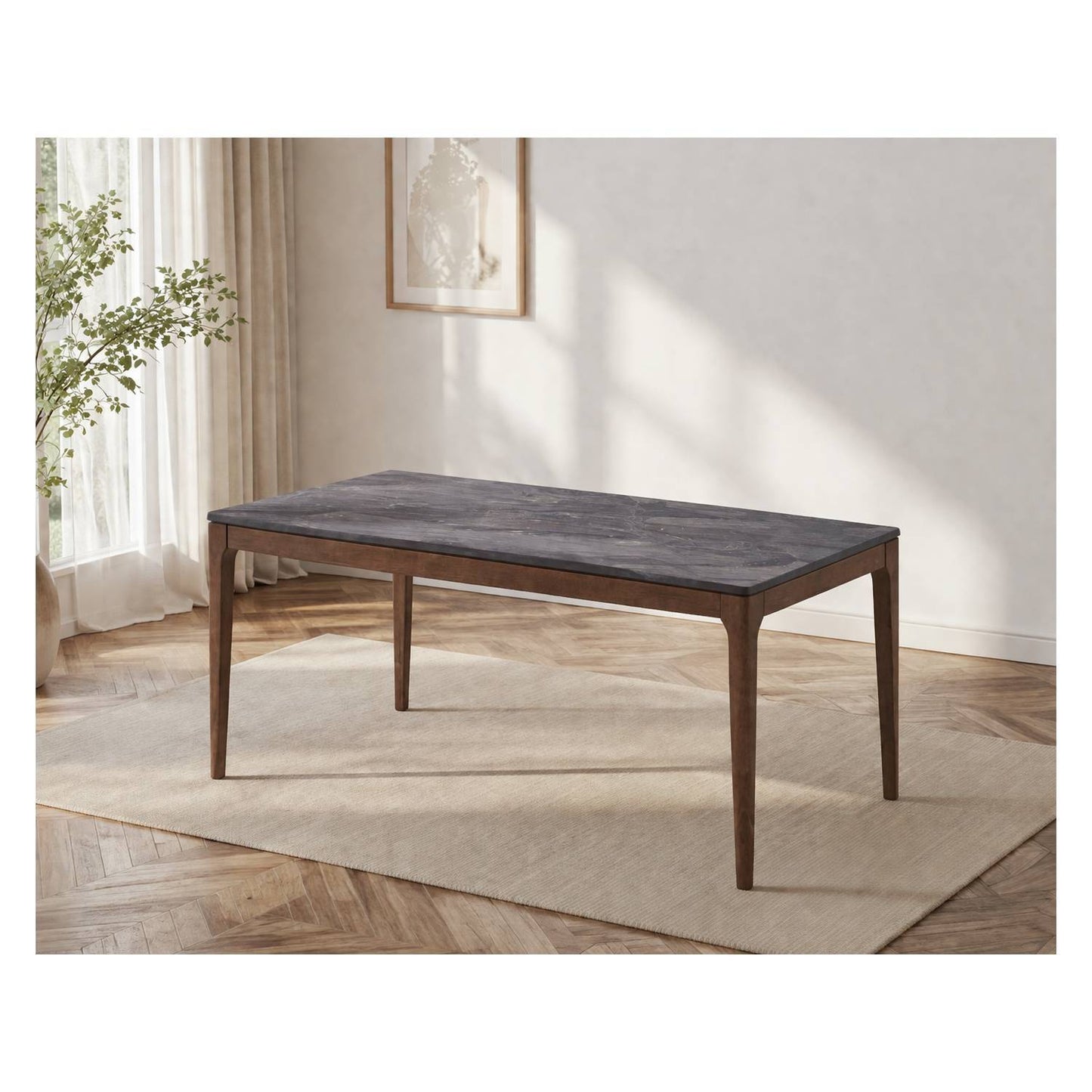 Bevis - Mesa de comedor con tablero de piedra artificial - Nogal