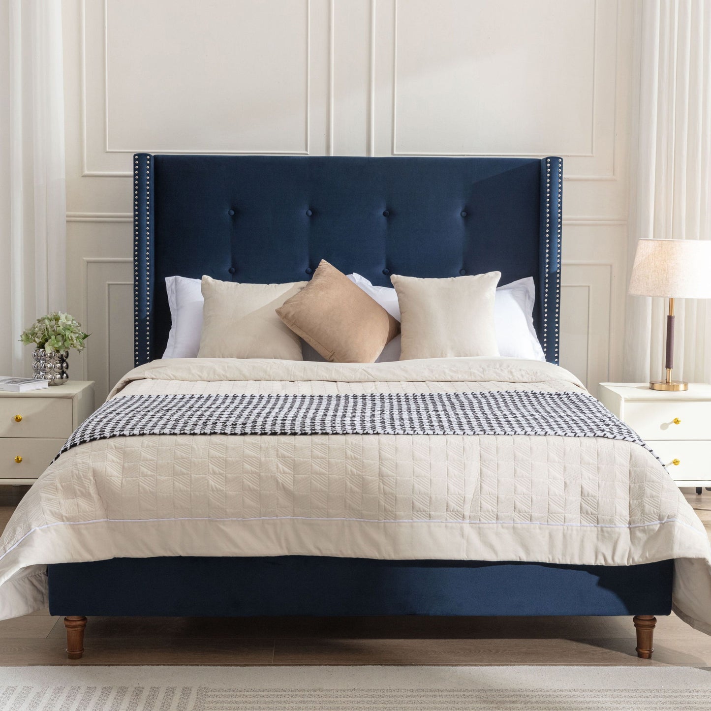 Peyton - Cama tapizada con cabecera de 137 cm de alto y capitoné tradicional abotonado a mano