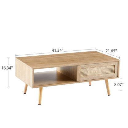 Mesa de centro de ratán de 105 cm, puerta corrediza para almacenaje, patas de madera maciza, mesa moderna para sala de estar.