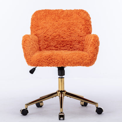 Silla de oficina con pelo artificial de conejo y base de metal dorado, ajustable, giratoria y de tocador.