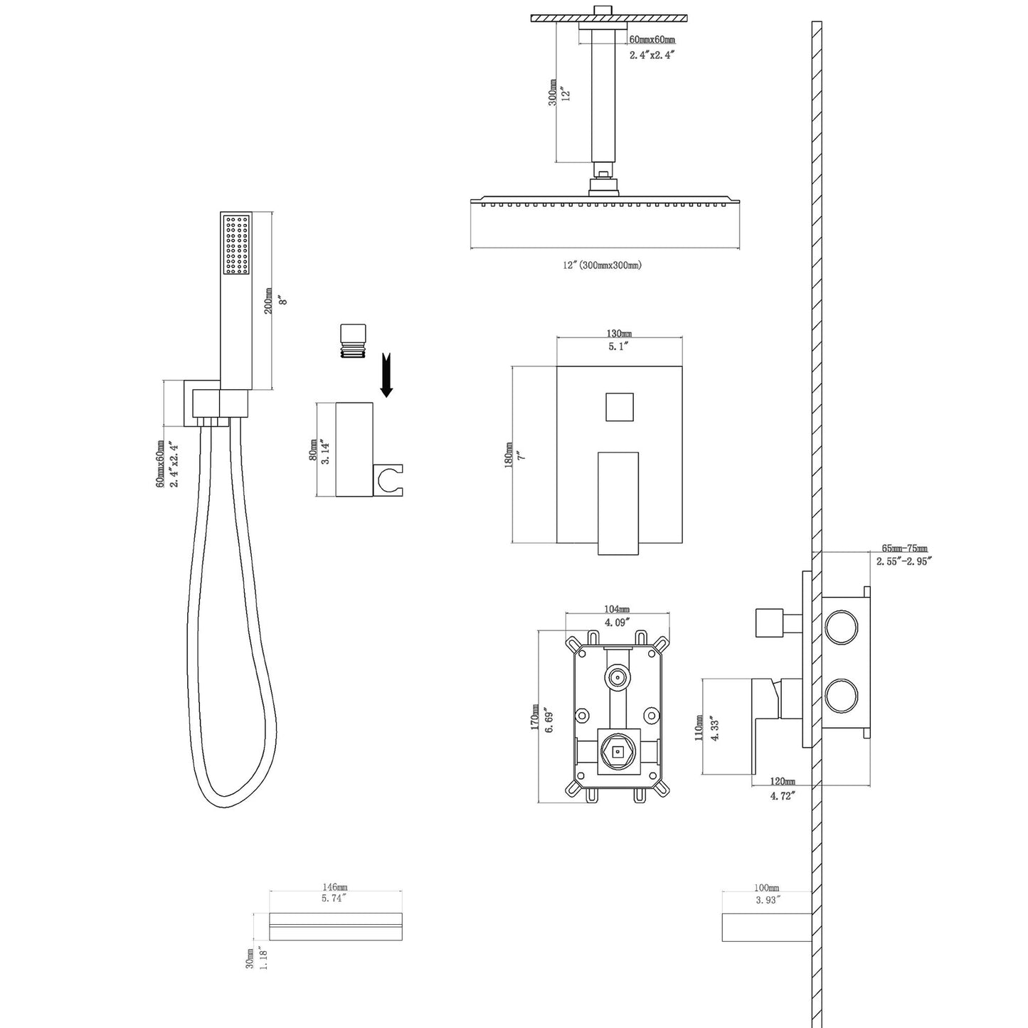 Shower System With Waterfall Tub Spout And 12" Ceiling Mount Square Shower Head - Oil-Rubbed Bronze