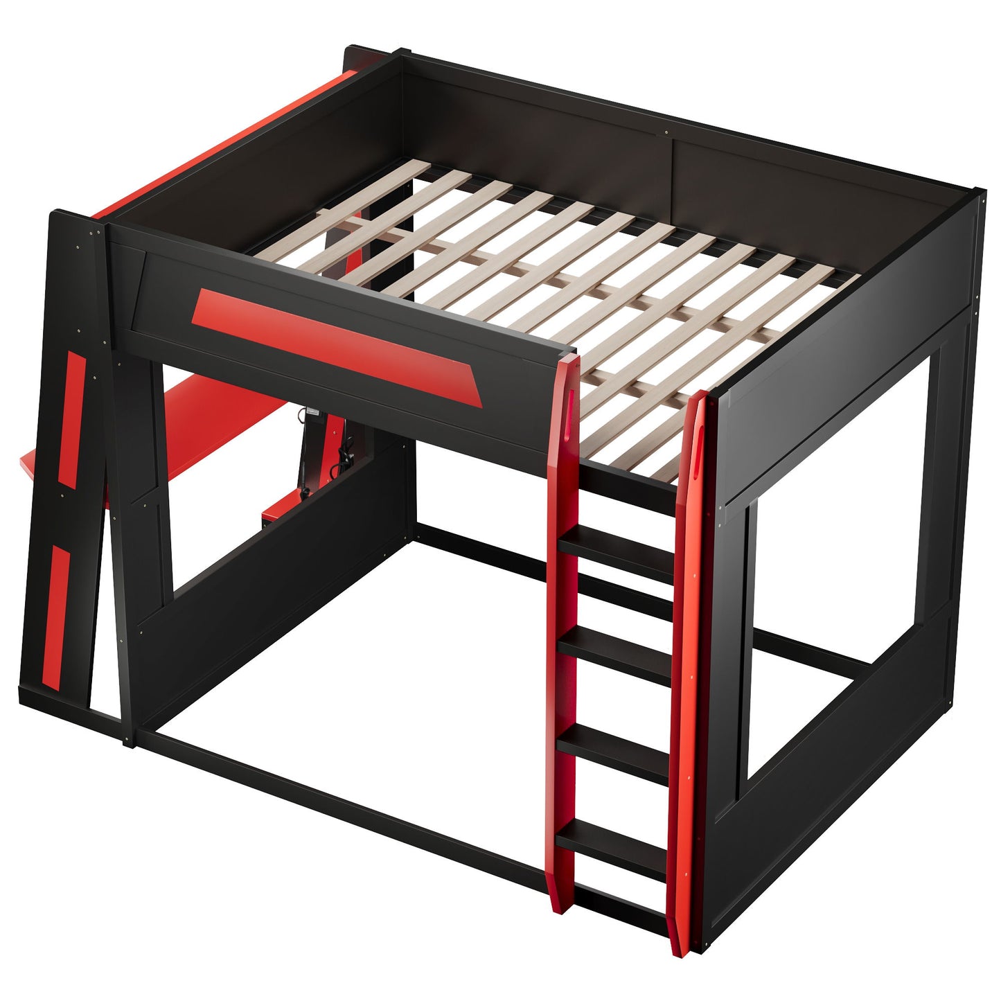 Gaming Bunk Bed With Desk, 2 Storage Shelves, USB And LED Light