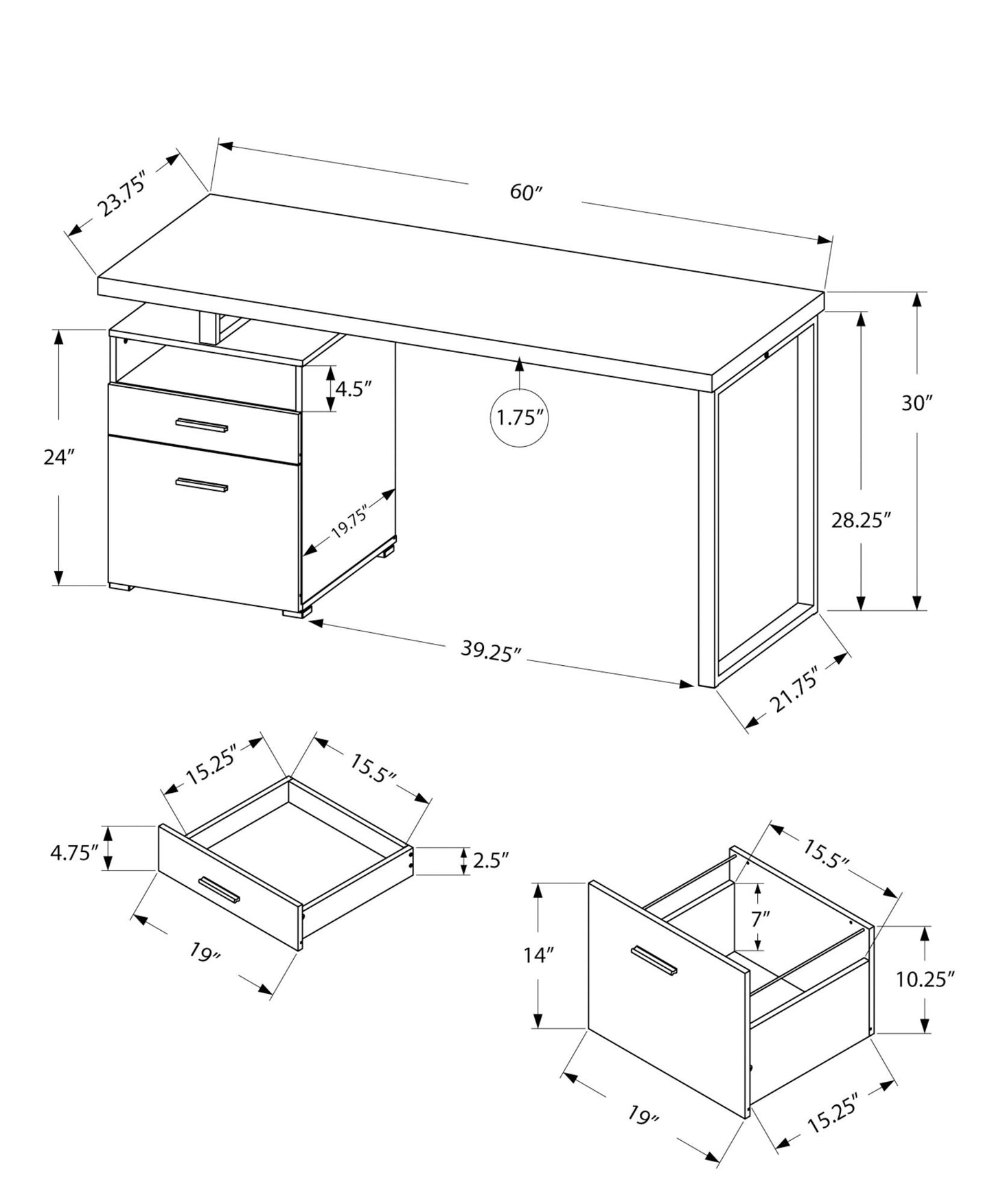 Escritorio para computadora de oficina en casa, portátil, configuración izquierda-derecha, cajones de almacenamiento, contemporáneo y moderno.