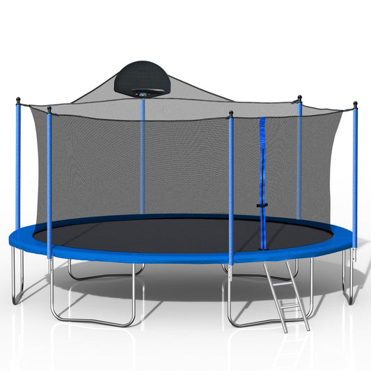 Trampolín de 4,2 m para adultos y niños con aro de baloncesto. Trampolines de exterior con escalera y red de seguridad para niños y adultos (azul).