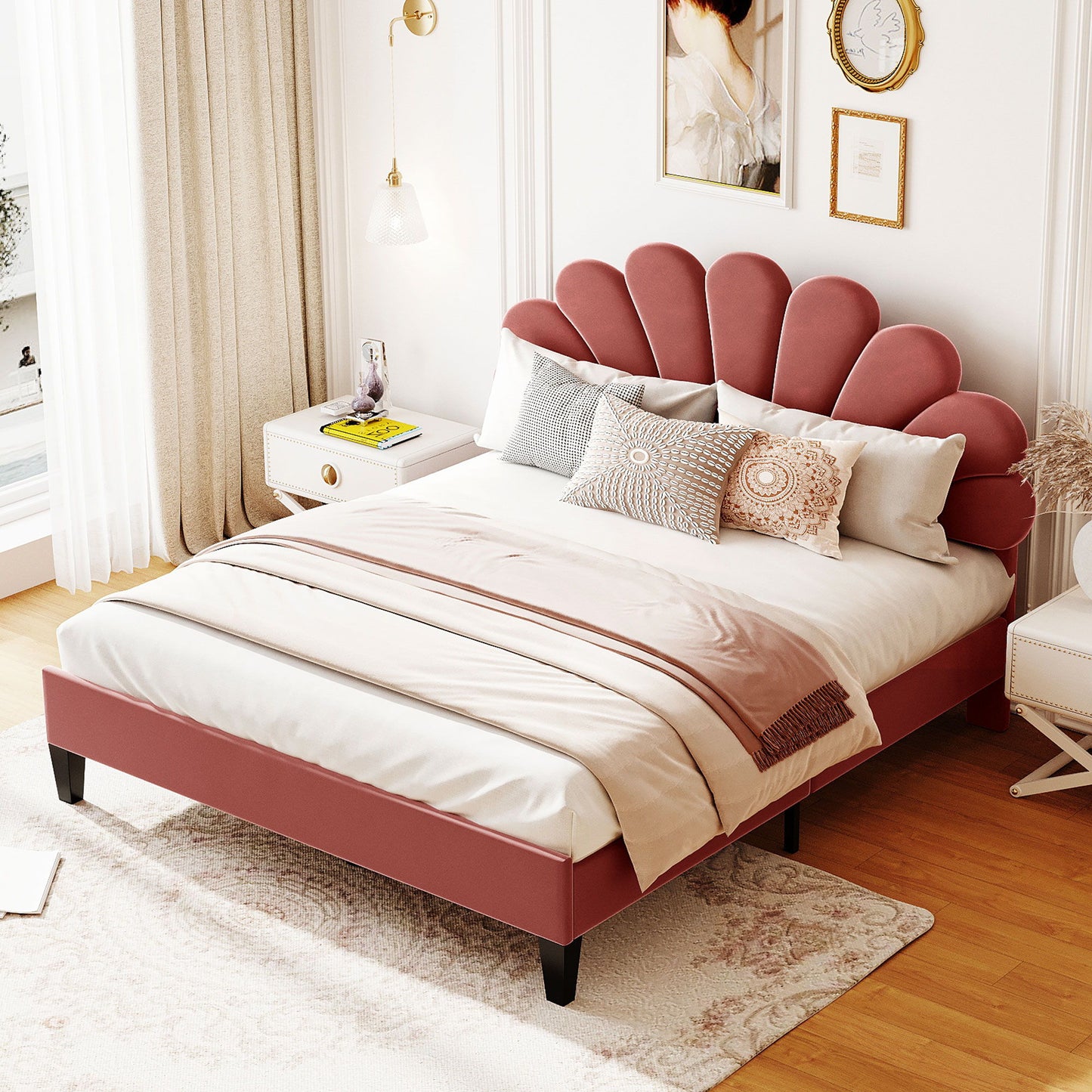 Cama de plataforma tapizada con cabecero de terciopelo con estampado floral