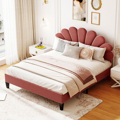 Cama de plataforma tapizada con cabecero de terciopelo con estampado floral