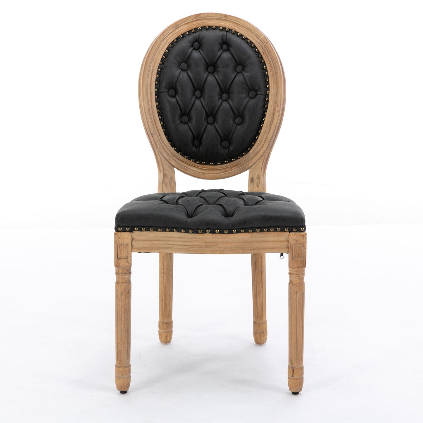 Silla de comedor de estilo francés con marco de madera maciza, pintura antigua, hebillas hechas a mano, cuero sintético de PU, ribete de tachuelas y patas de madera.