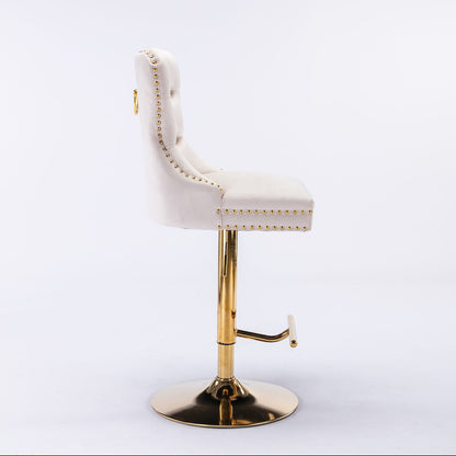 Taburetes de bar giratorios de terciopelo dorado grueso con altura de asiento ajustable de 63 a 84 cm. Taburetes de bar modernos tapizados con respaldo, cómodos y capitoné para el hogar, el pub y la isla de cocina (juego de 2).