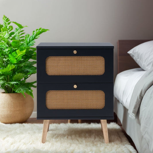 Mesita de noche de ratán con dos cajones para dormitorio y sala de estar, mesa auxiliar con dos cajones decorados con ratán hecho a mano - Negro