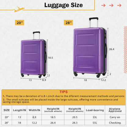 Juego de 2 maletas con ruedas giratorias extensibles, maleta ligera de ABS con cerradura TSA de 20"/28"