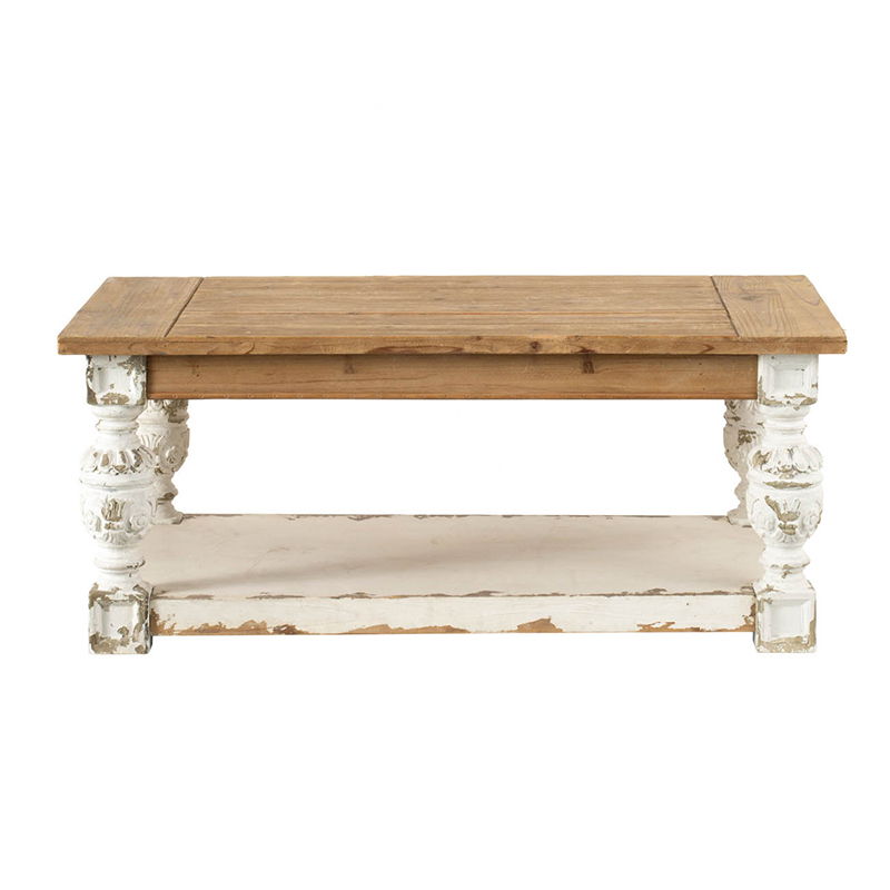 Mesa de centro rectangular de madera, estilo rústico francés, marrón/blanco antiguo
