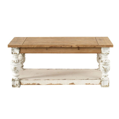 Mesa de centro rectangular de madera, estilo rústico francés, marrón/blanco antiguo