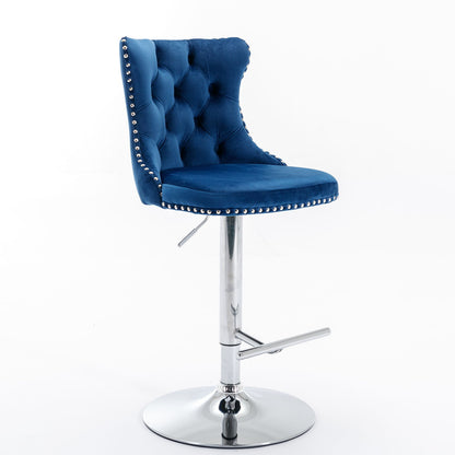 Taburetes giratorios de terciopelo con altura de asiento ajustable de 63 a 84 cm. Modernos taburetes de bar con base cromada y tapizados, cómodos y capitoné para el hogar, el pub y la isla de cocina (juego de 2).