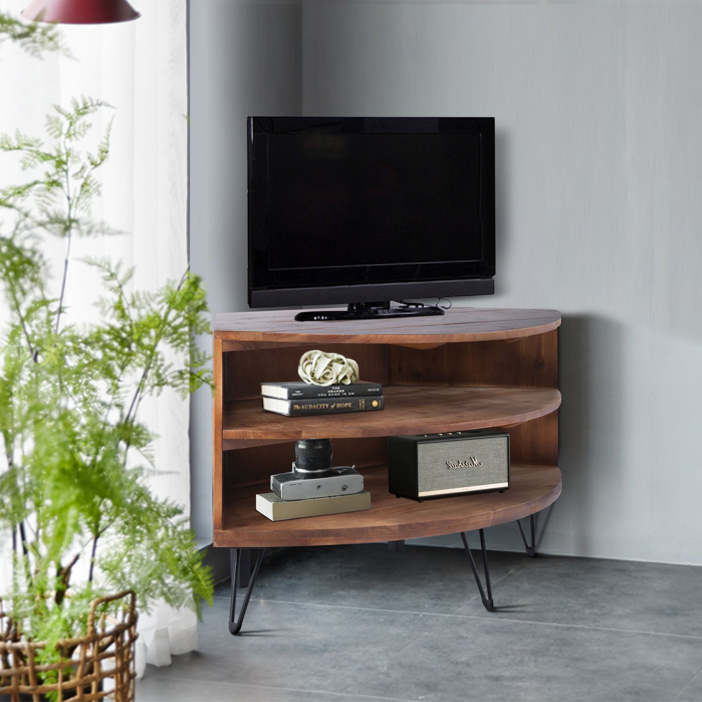 Mesa de centro esquinera de madera recuperada en forma de abanico para sala de estar: aprovecha el espacio de forma inteligente - Natural