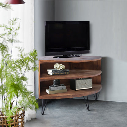 Mesa de centro esquinera de madera recuperada en forma de abanico para sala de estar: aprovecha el espacio de forma inteligente - Natural