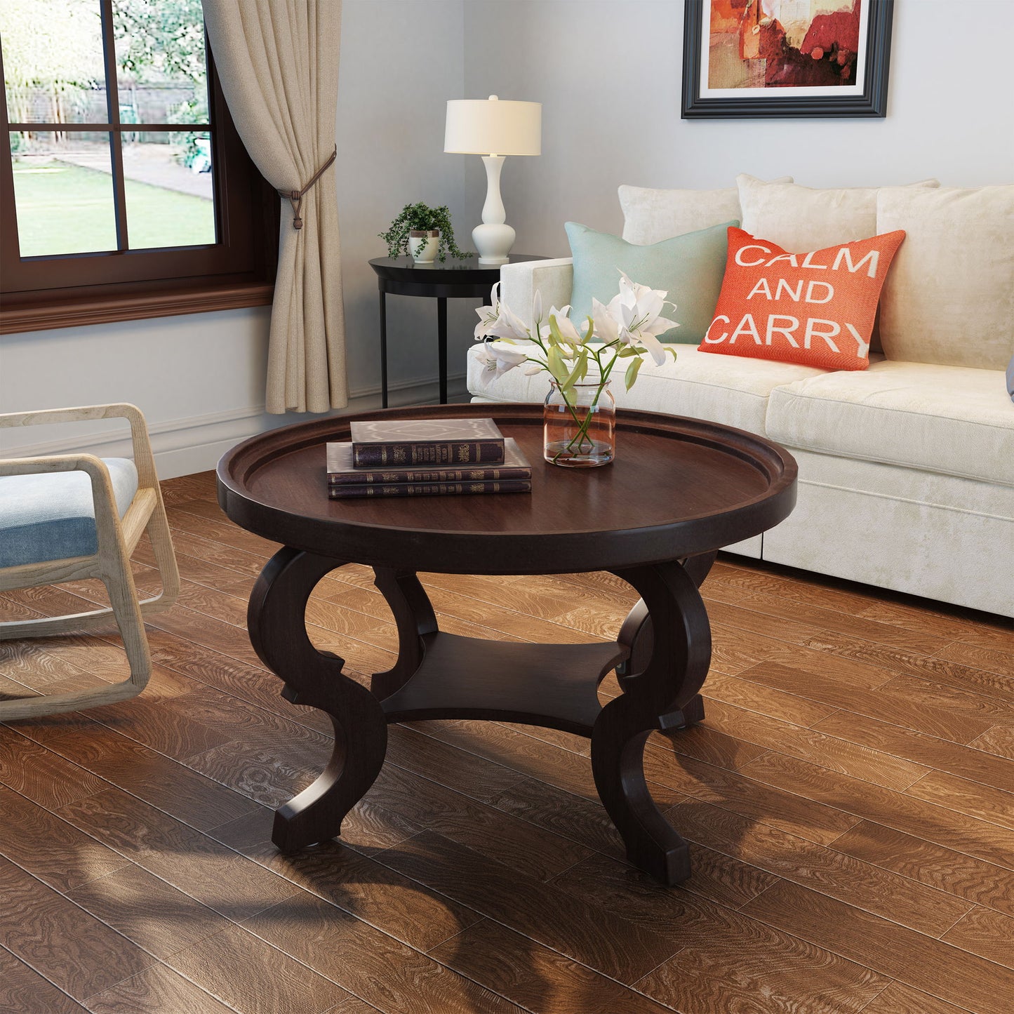 Elegant Coffee Table With Rimmed Top And Curved Design